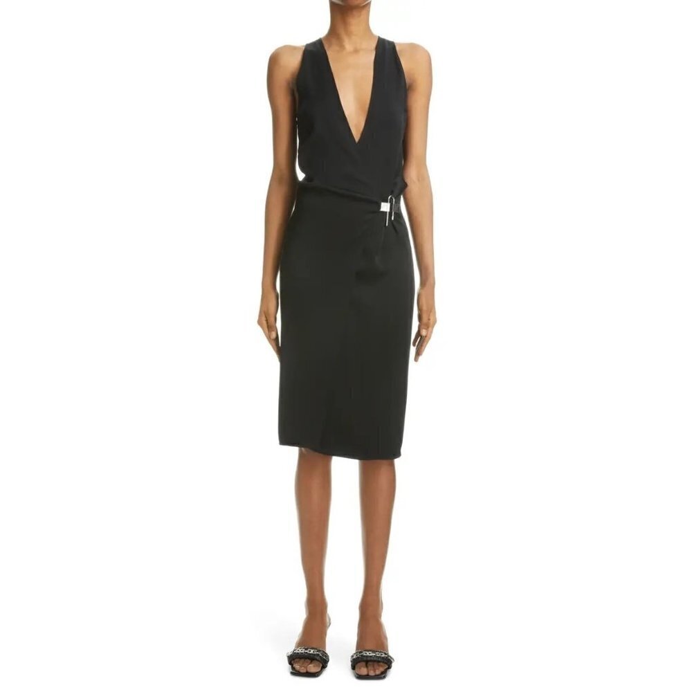 Givenchy Wrap Over U logo Lock Closure Midi Dress in Black 38 4 New Womens Crepe